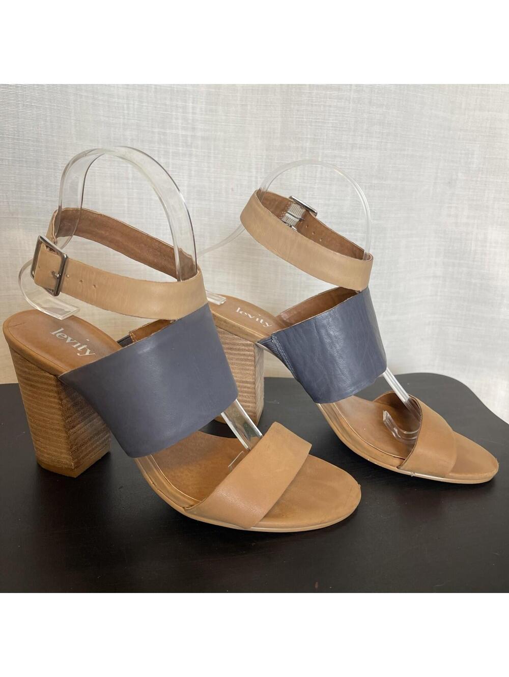Levity Stacked Block Heel 3.5” Blue And Tan Strappy Sandal 7